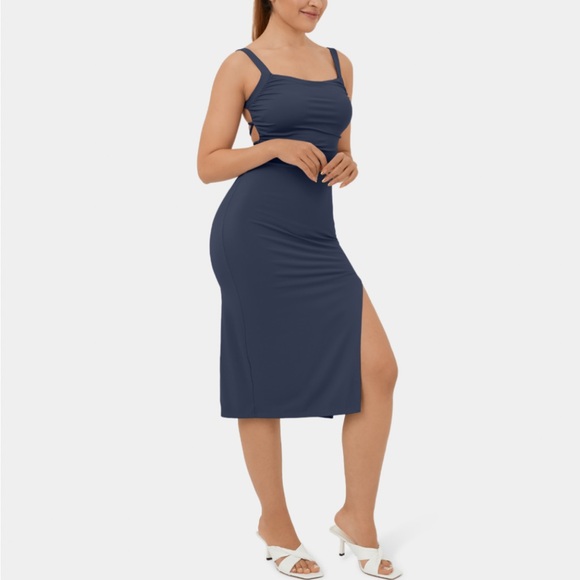 COPY - Halara Ruched Backless Crisscross Lace Up split Bodycon Midi Casual Dress - Picture 3 of 4